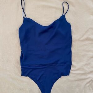 Zara Women's Blue Satin Effect Cowl Neck Bodysuit - medium